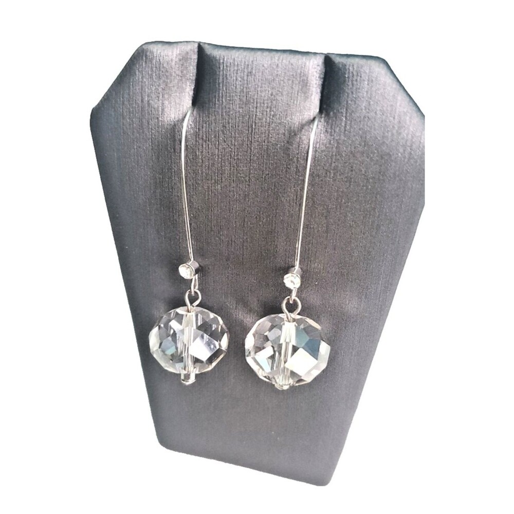 Vintage Clear Acrylic Faceted Ball Dangle Earrings 1.5” Drop Silver Tone Hook